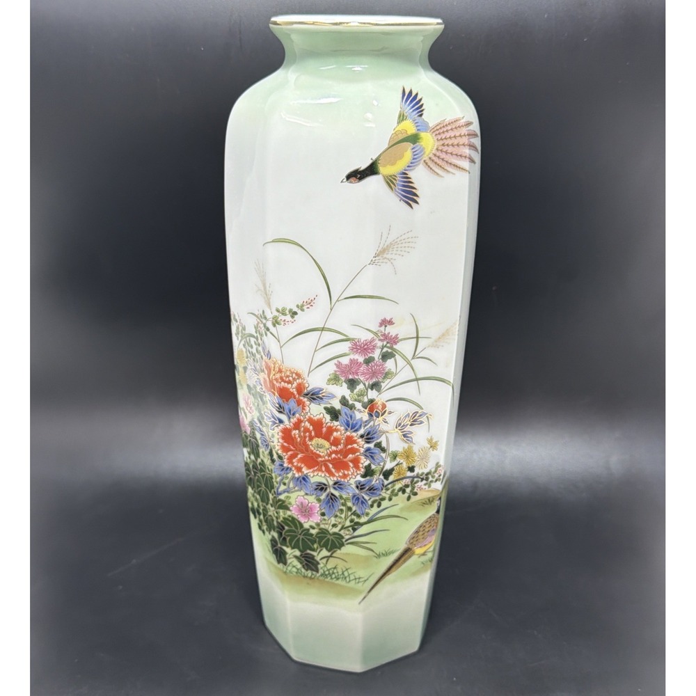Vintage Toyo Botan Japanese Porcelain Tall Vase Pheasant Flying Flowers Garden